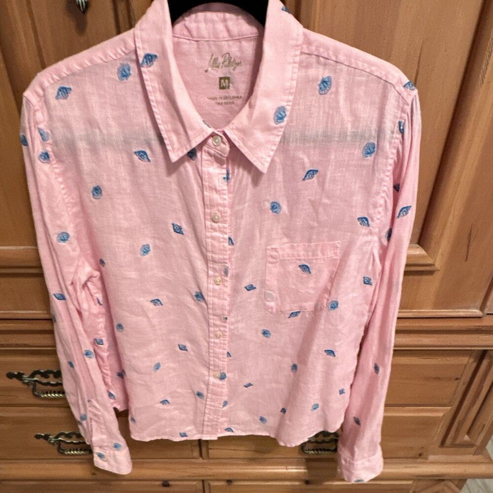 Lilly Pulitzer Coralyn Conch Shell Pink Gone Shellin Embroidery Button Down